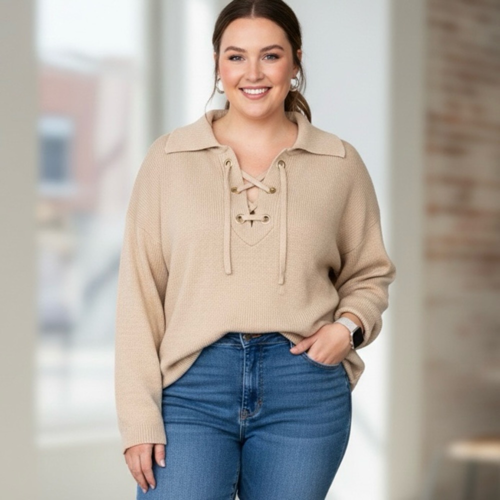 NWT Maurice’s Women’s Boxy Beige Knit Sweater lace up detail XL Boho Cottagecore